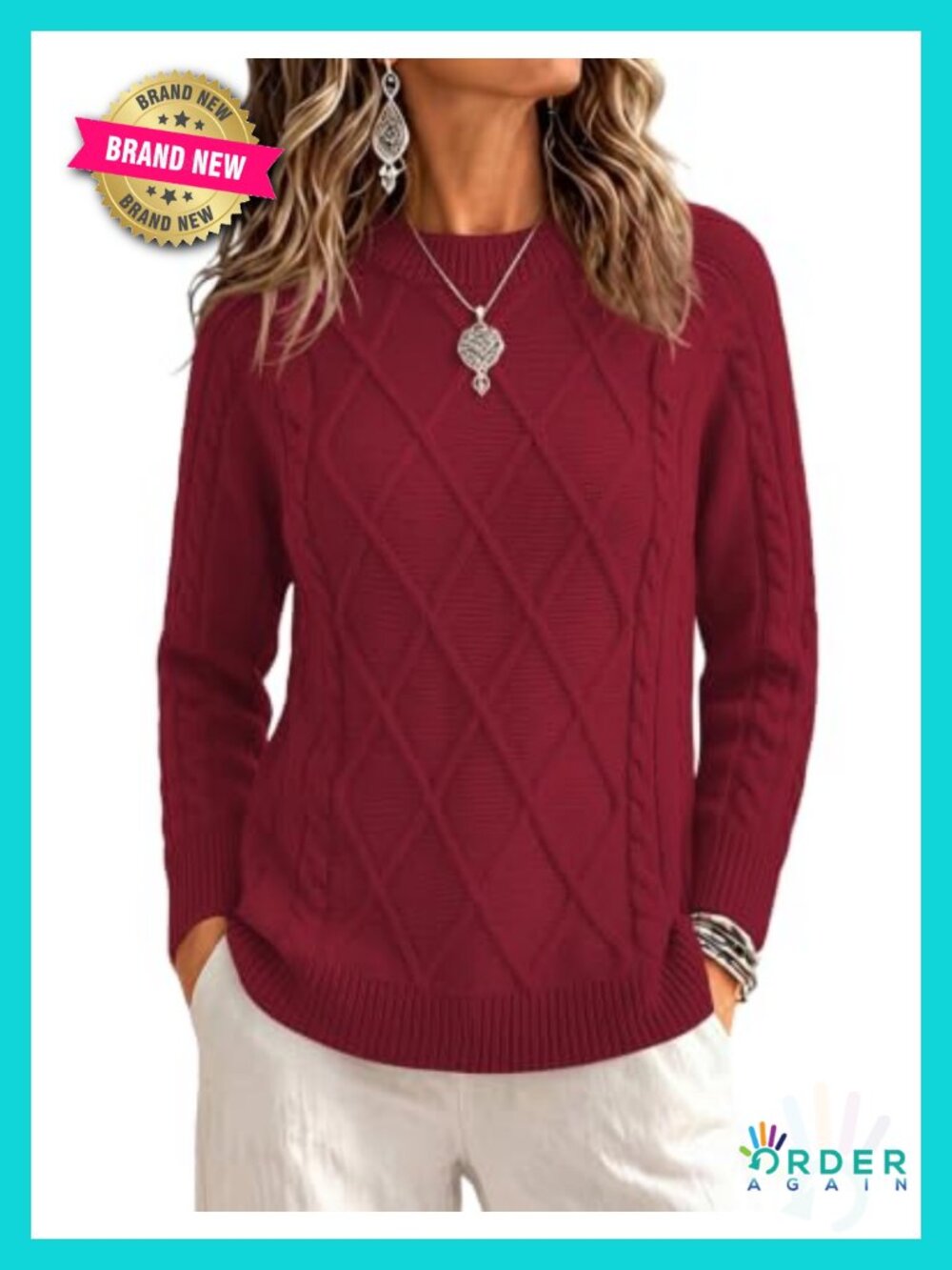 Cable Knit Crew Neck Long Sleeve Pullover Sweater